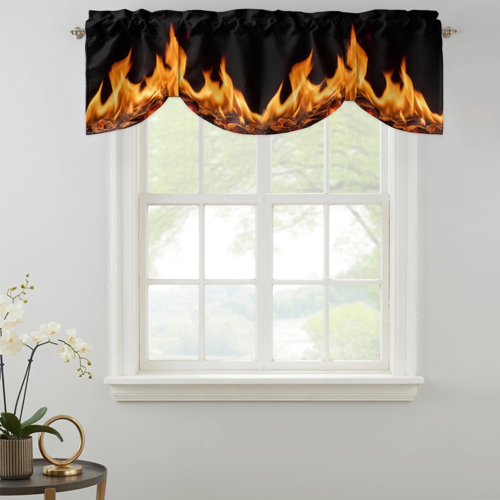 Orange Flames Tie Up Valances Curtain, Neon Style Black Background Kitchen Valances for Windows Decor, Rod Pocket Short Curtains Set for Bedroom/Bathroom, 54"x18"