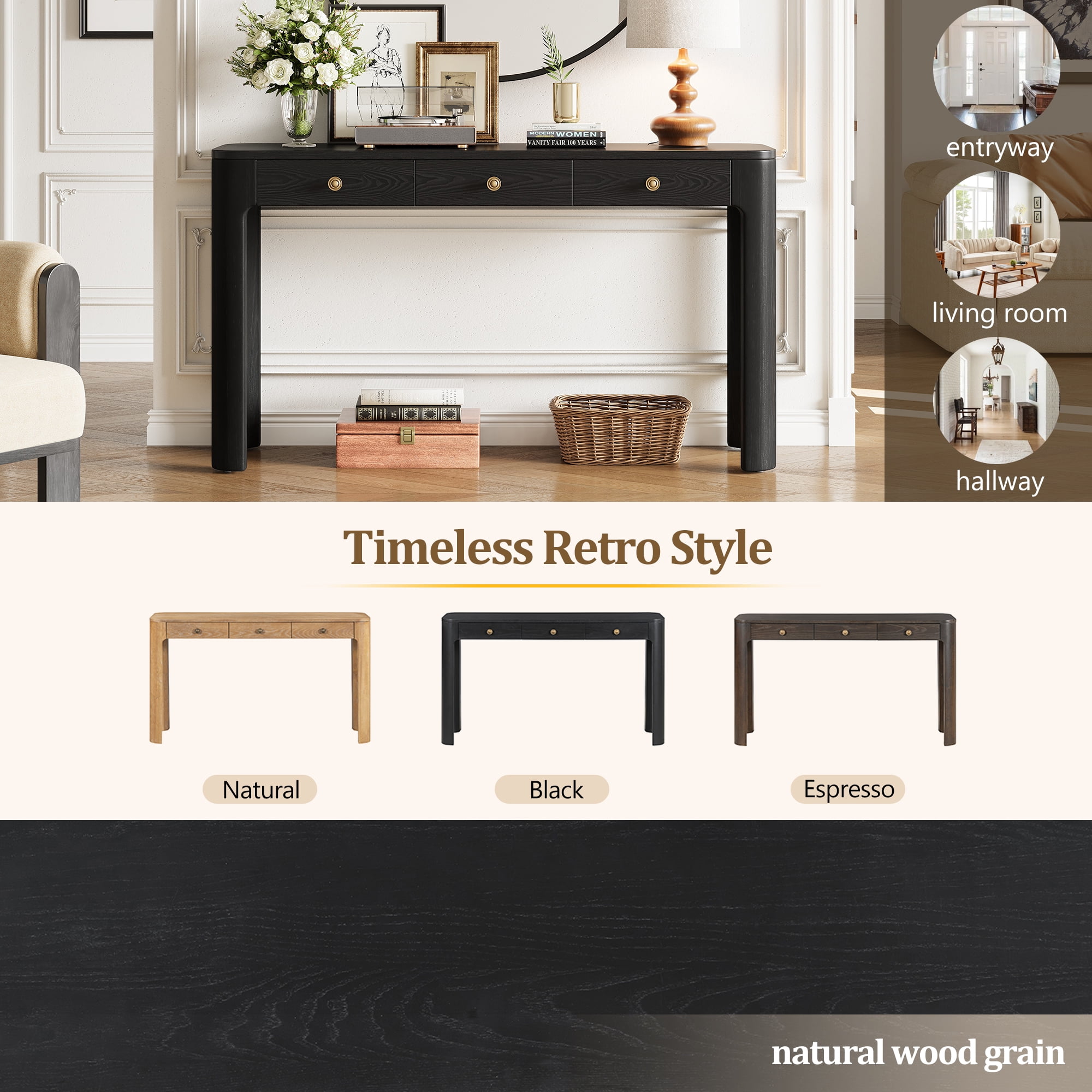 Euroco 52 Inch Curved Console Table with 3 Concealed Drawers, Wood Entryway Table, Sturdy Sofa Table with Thick Legs for Hallway/Foyer/ Living Room,Black