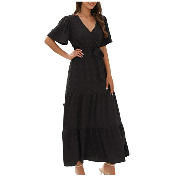 TopLLC Womens Summer Dresses 2023 Boho Dress Short Sleeve V Neck Swiss Dot Ruffle Tiered Maxi Dress Smocked Cocktail Dresses