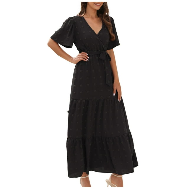 TopLLC Robes d'Été pour Femmes 2023 Robe Bohème Manches Courtes Col en V Pois Suisses à Volants Robe Maxi à Étages Robes de Cocktail Smockées