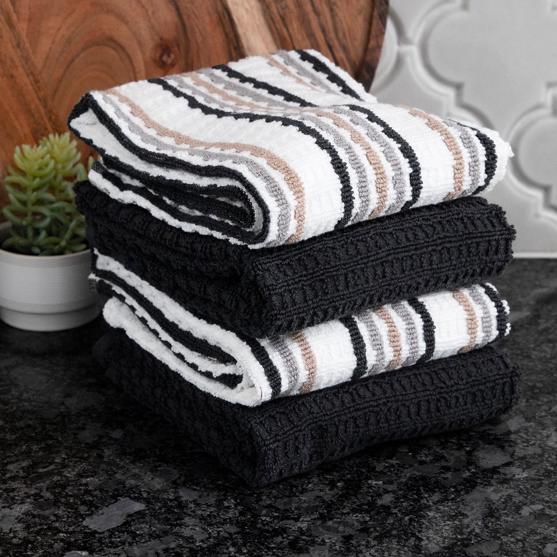 T-Fal Solid & Stripe Premium Kitchen Towels, 4-Pack, Charcoal
