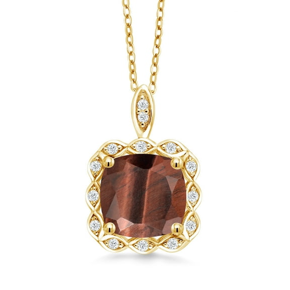 Gem Stone King 3.64 Ct Cushion Red Tiger Eye 18K Yellow Gold Plated Silver Pendant with Chain