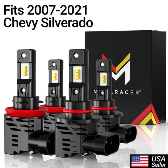 Mega Racer 2007-2021 Chevy Silverado Wireless H11 9005 LED Headlight Bulb Combo 4 Pack - 6500K Bright White 12V 50W 12000LM - High & Low Beam Replacement Car Bulbs