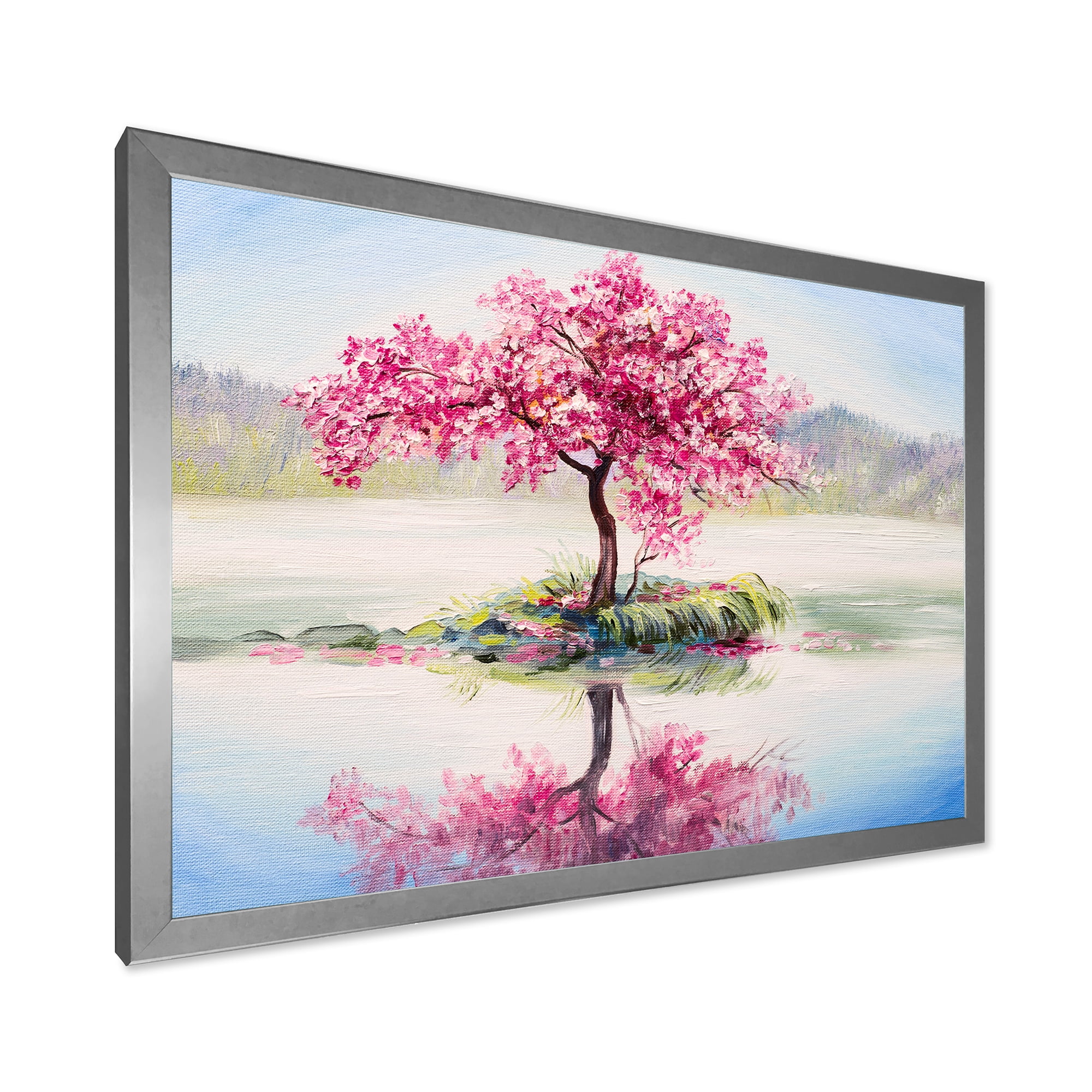 Designart 'Oriental Cherry Pink Tree Sakura On The Lake' Lake House Framed Art Print