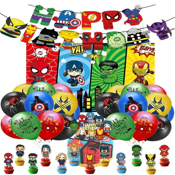 Hero theme cartoon birthday party supplies, party decorations include happy birthday banner, balloons, backdrop, cupcake toppers