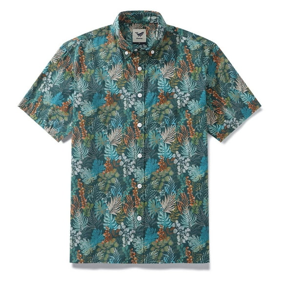YIUME Men's Paisley Aloha Shirt Emerald Leaves Button Down Short Sleeve Hawaiian Shirt
