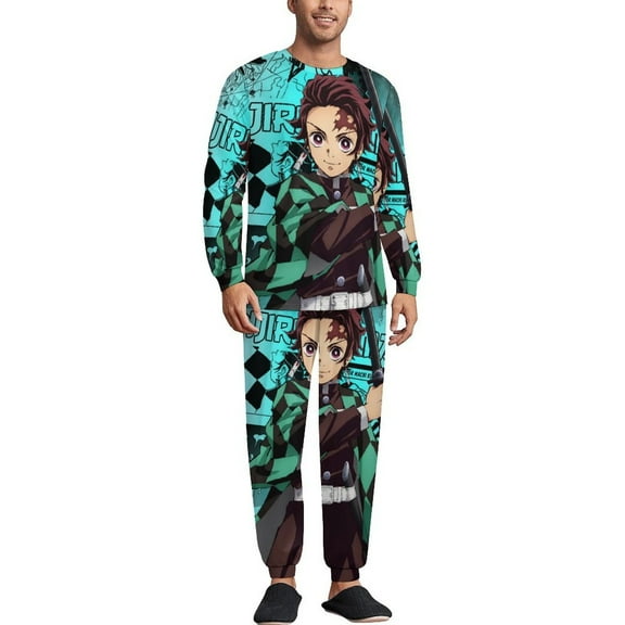 Demon Slayer Men's Lounge Pajamas Set 2-Piece Crew Neck Sleepwear Soft Long Sleeve Top & Pants for Sleep, Home & Vacation S