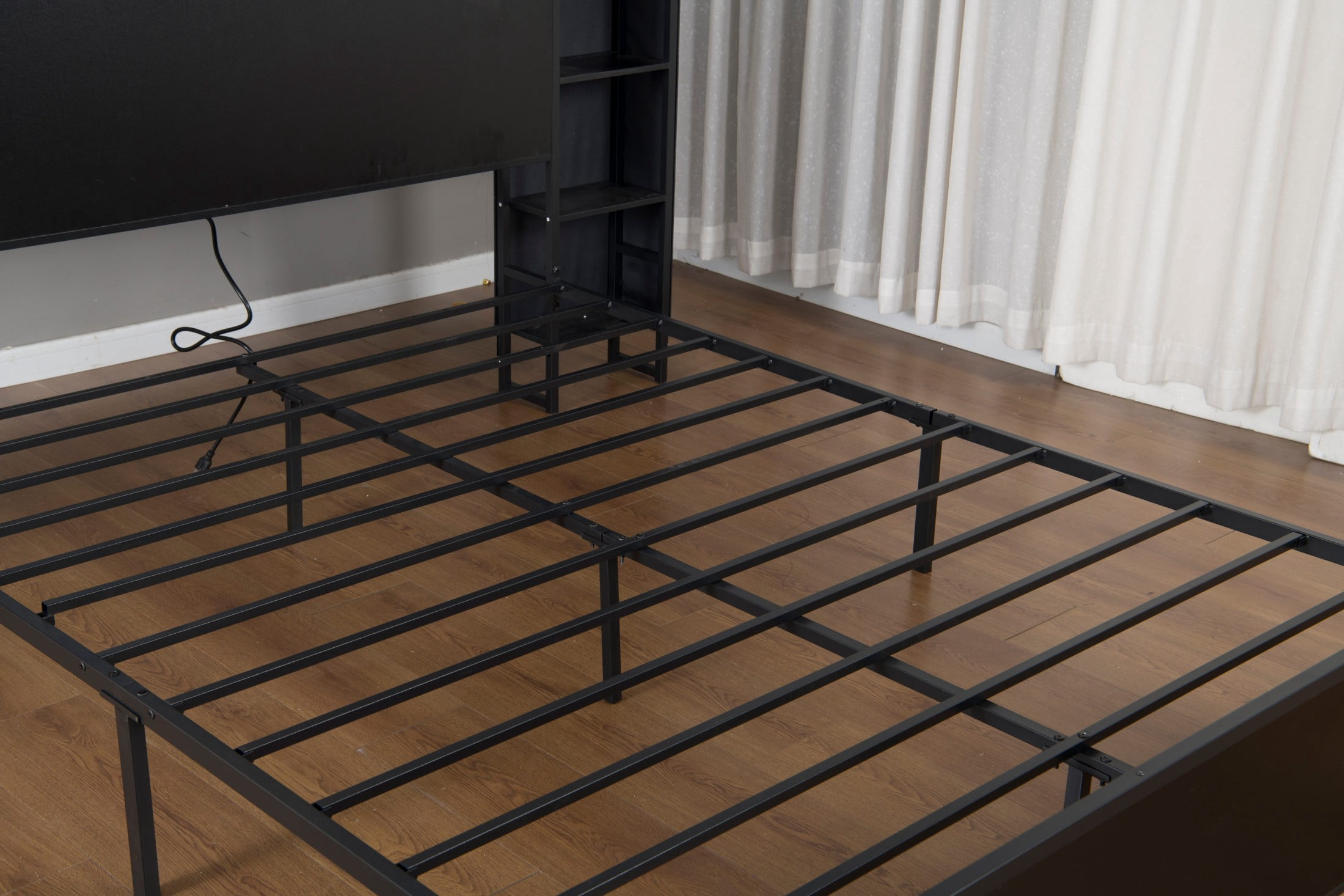 Aukfa Twin Bed Frame with Storage Headboard, USB Charging Station & LED Lights, Heavy Duty Metal Platform Bed with Outlets, No Box Spring Needed, Black