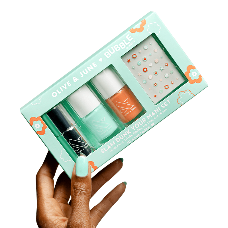 Olive & June + Bubble Slam Dunk Your Mani Set, Includes 3 Nail Polishes and Nail Art Stickers
