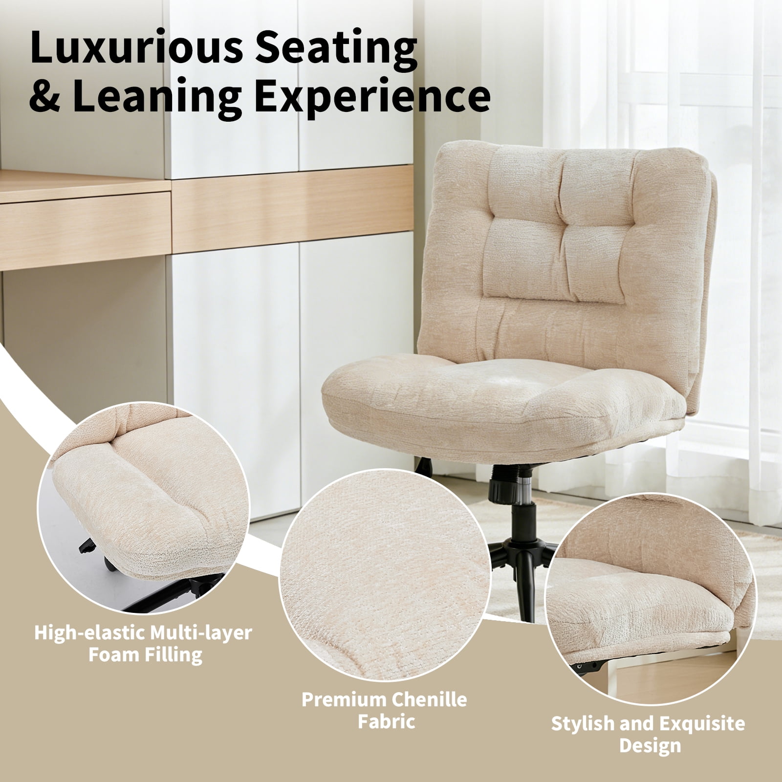 Soft Chenille Cross-Legged Office Chair,Wide Seat Armless Desk Chair with Double Cushion, Swivel Adjustable Vanity Chair for Bedroom, Home Office, White,EliteEdge