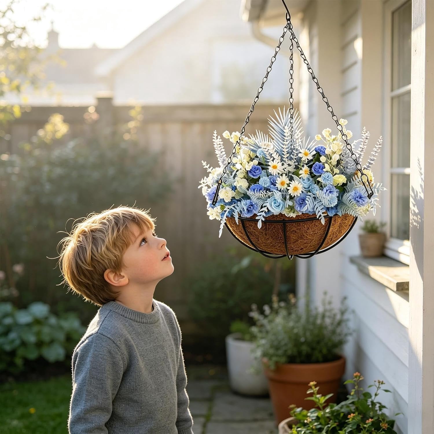 12" Hanging Plant Basket with Coco Coir Liner, 2 Pack Metal Wall Planters with Chains for Outdoor Indoor Plants, Garden Patio Porch Decor (k)