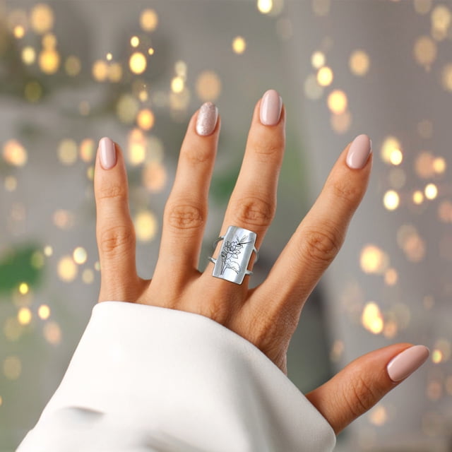 Fiudx Anillo de Naturaleza, Ancho con Diseño de Flor y Pájaro Grabado, Anillo Duradero de Plata S925, Estilo Bohemio para Uso Diario, Regalo para Mujer, Temática Primaveral, Resistente a La Decolorac