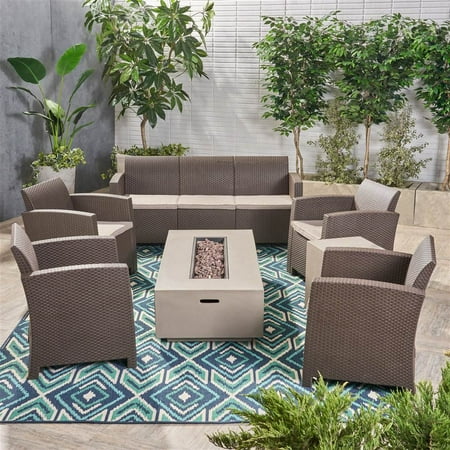 Aleah Outdoor 7 Piece Wicker Chat Set with Fire Pit and Tank Holder Brown Light Gray