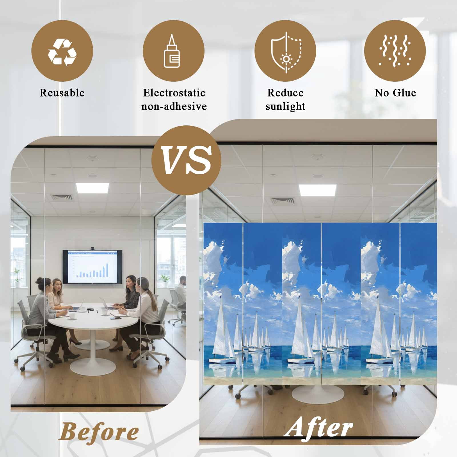 Summer Theme Window Privacy Film, Oil Painting Blue Oceans Sailboats Cloud Sky Frosted Glass Window Clings Static Cling UV Heat Blocking Reusable Door Sticker for Bathroom 23.6 x 59 Inch