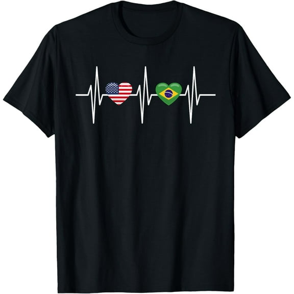 men and women can wear，USA Brazil Shirt Heartbeat America Brazilian Flag Heart T-Shirt