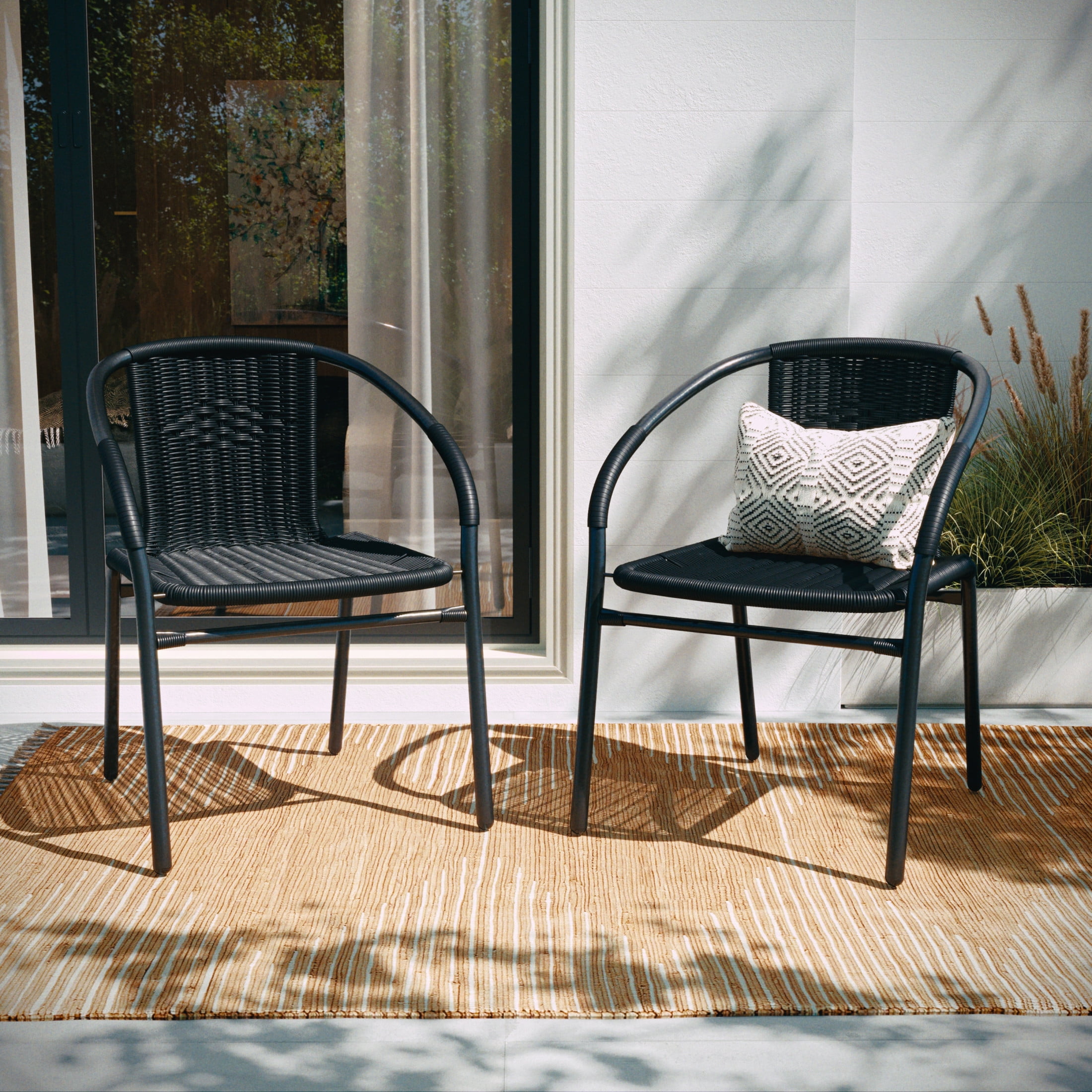 Emma + Oliver 2 Pack Black Rattan Indoor-Outdoor Restaurant Stack Chair with Curved Back