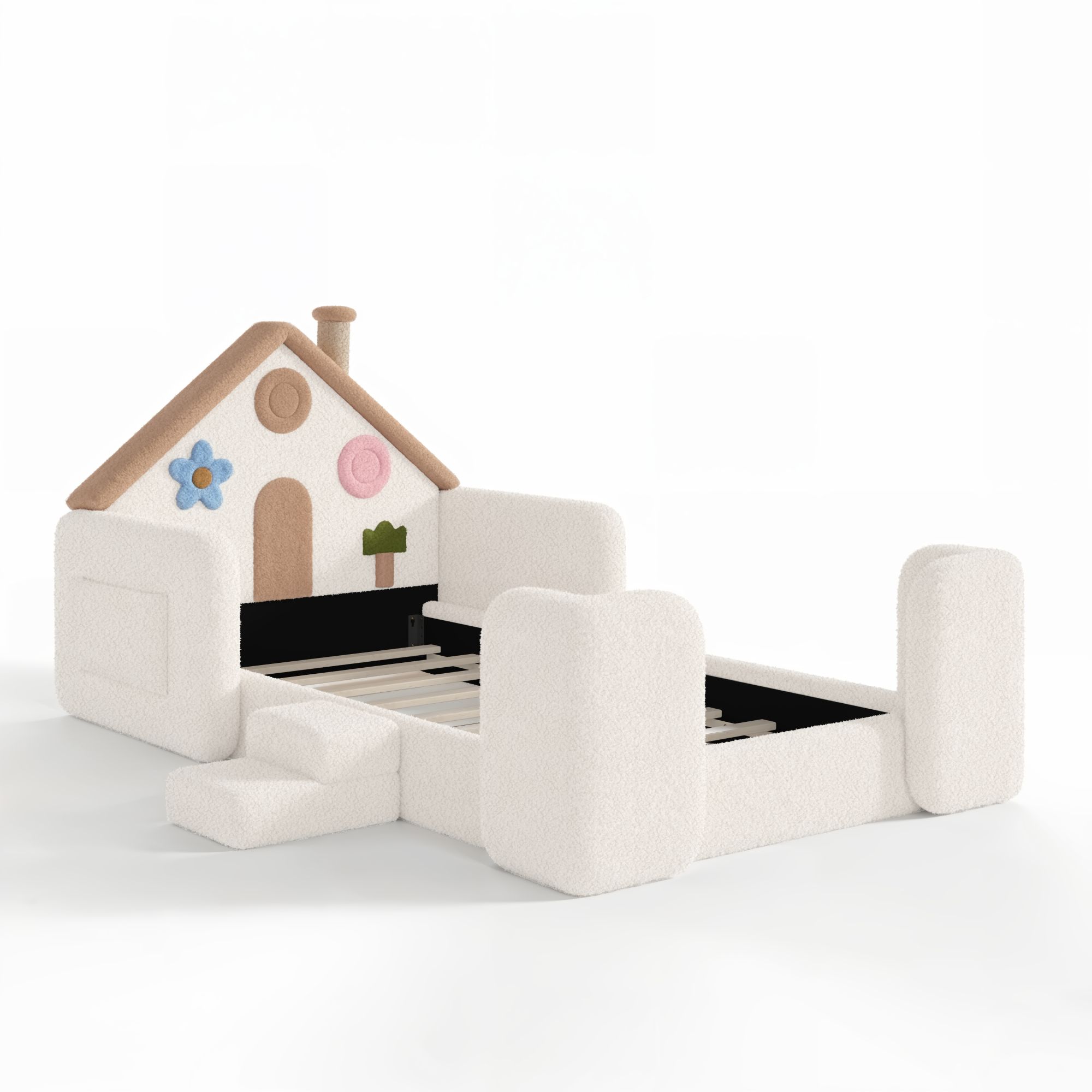 HOQBN Twin House Shaped Upholstered Floor Bed, Upholstered Kids Bed with Safety Side Rails, Low Floor Playhouse Bed for Nursery & Kids Bedroom Beige & Natural