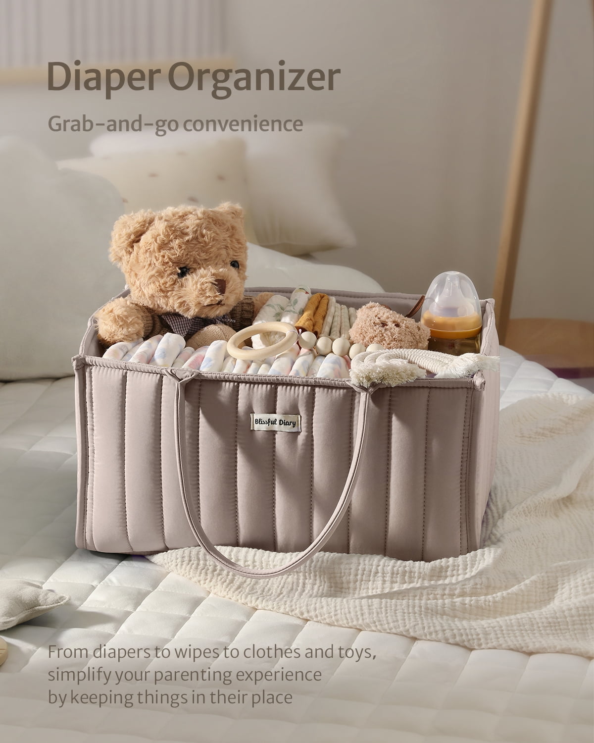Blissful Diary Diaper Caddy Organizer,Baby Baskets for Baby Shower, Portable Nursery Changing Table Organizer, Diaper Bag, Infant Newborn Essentials Gift, Baby Registry Must Have, Greige