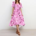 thumbnail image 6 of Women's Summer Dress Sexy V Neck Casual Wear To Work Dresses Short Sleeve Smocked Flared Flowy Beach Boho Midi Floral Dress,Pink 2XL, 6 of 6
