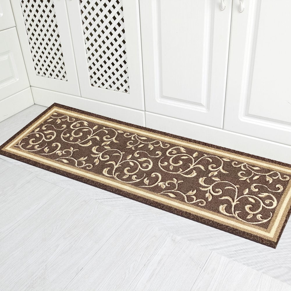 7 ft Brown Leaves Rug Runner Contemporary Floor Area Long Hallway Mat Backing 