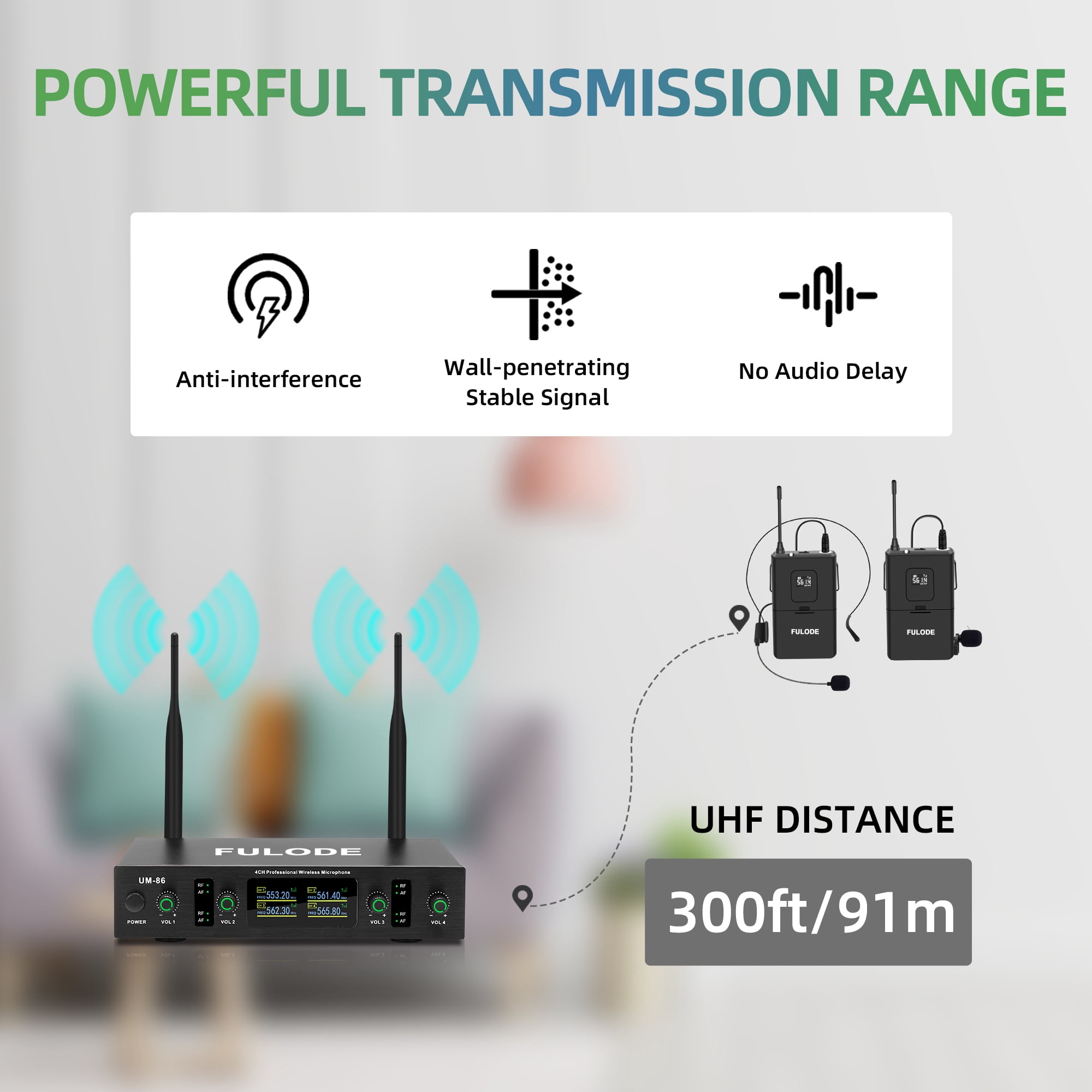 FULODE Wireless Lavalier Microphone System with Headset & Lapel Mics, 4 Channel UHF Cordless Microphone and Metal Receiver Set, 300ft Range for Singing, Church, Karaoke, Preaching, Wedding