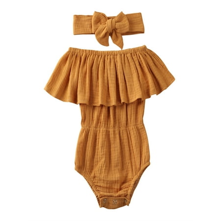 

Toddler Infant Baby Girls Summer Clothes Set Ruffle Off Shoulder Solid Color Romper + Bow-knot Headband 2Pcs Outfits 0-24 Months