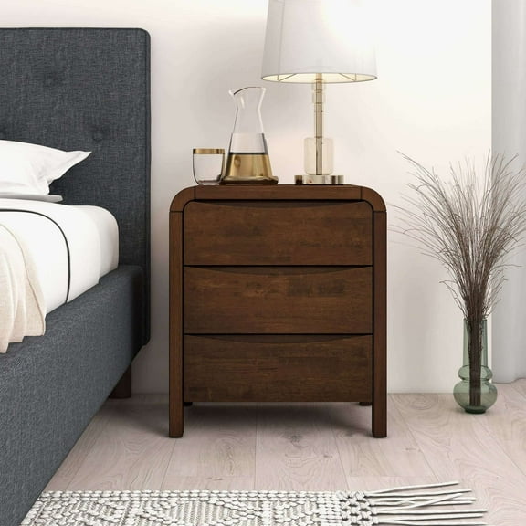 Noble House Lionel Mid-Century Modern Nightstand, Solid Wood Frame Storage Table with 3 Drawers for Bedroom, Brown