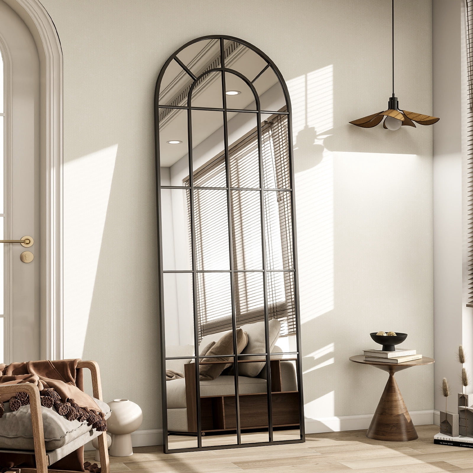 Anyrose 65"x 24" Floor Full Length Mirror, Large Arch Window Pane Mirror, Wall Mounted Mirror, Black