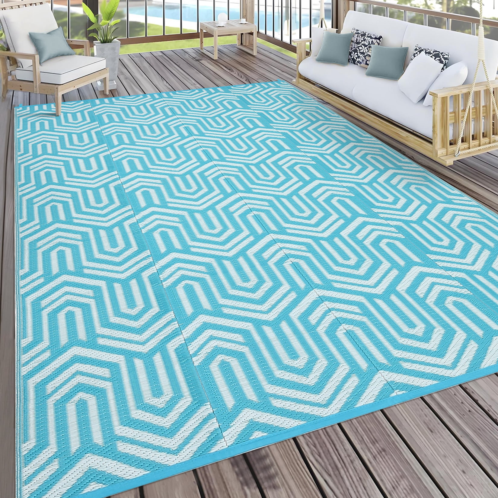 Garvee Waterproof Outdoor Rug 9x12ft Reversible Patio Rug, Plastic Straw Rug RV Camping Rug for Deck Balcony Porch Picnic Backyard, Light Blue
