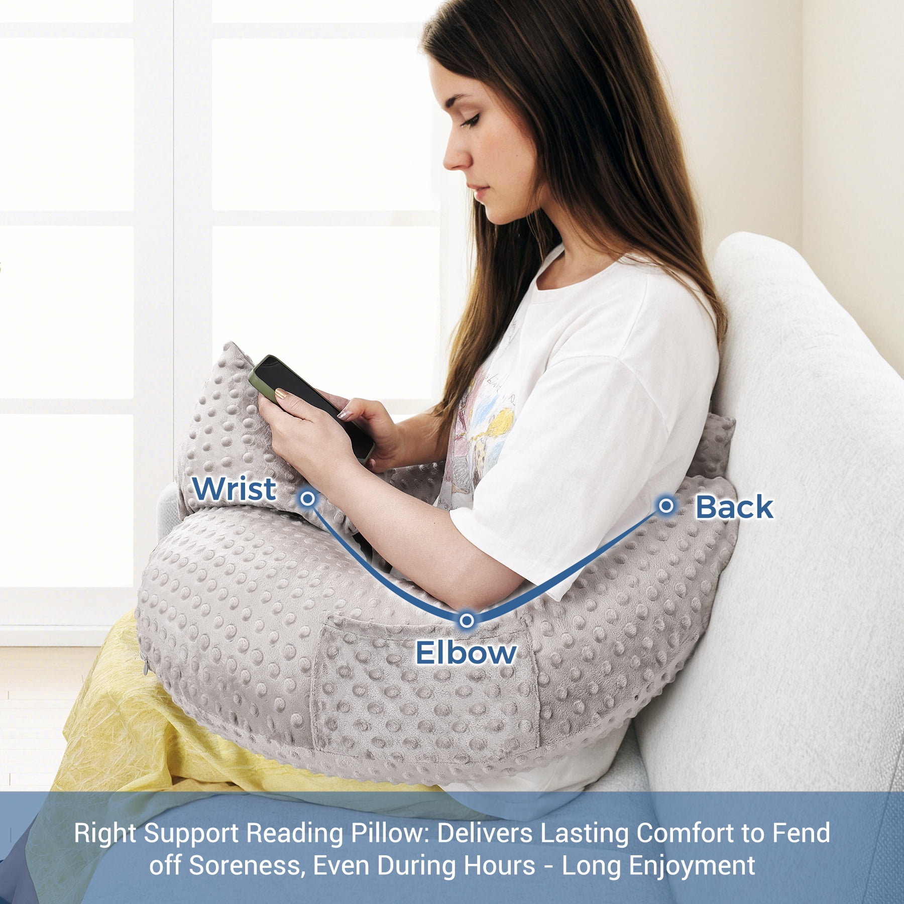 Reading Pillow for Gaming, Lap Desk Pillow for Sitting in Bed or Sofa, Compact Arm Support Pillow for Reading, Playing or Crocheting,  Grey
