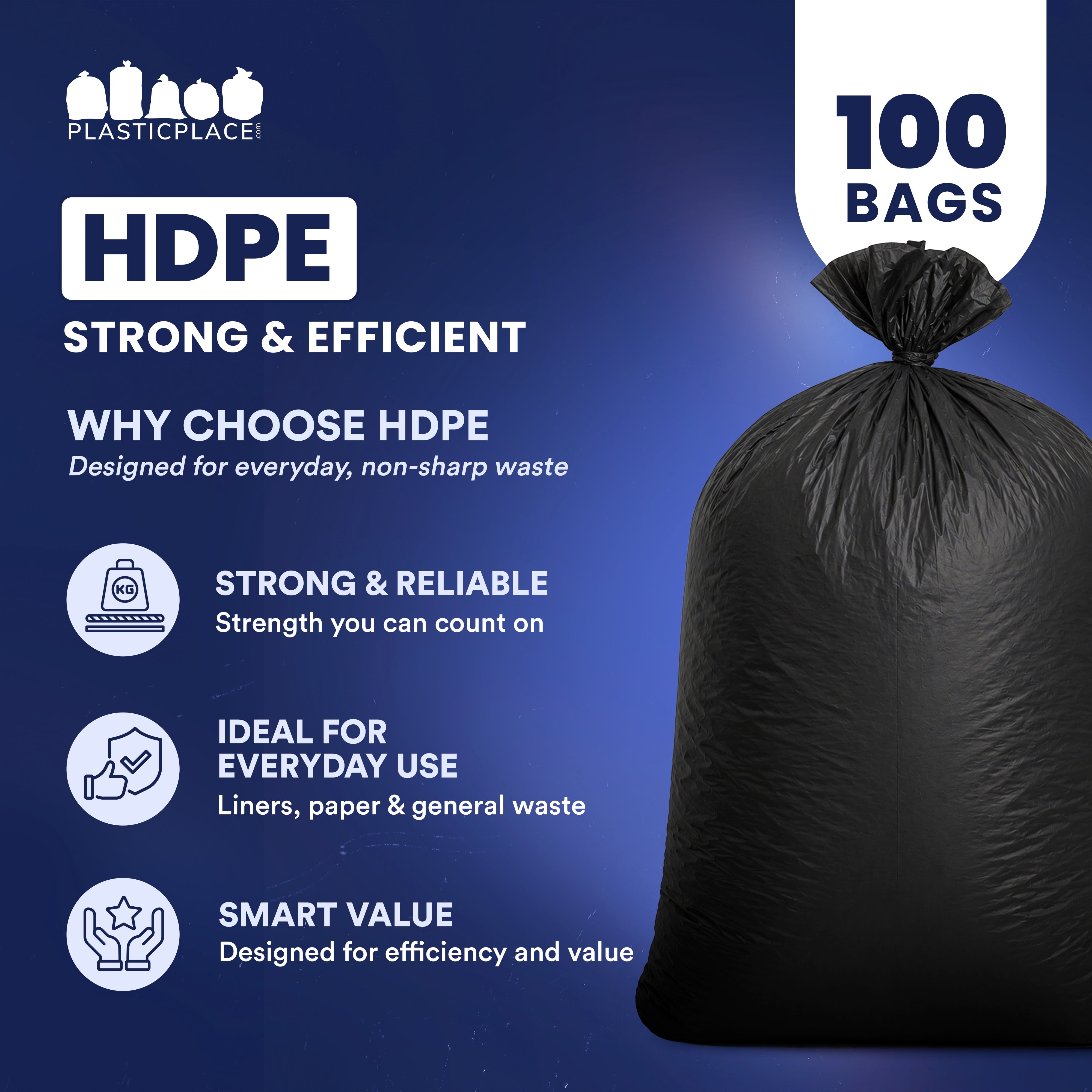 Plasticplace 55-60 Gallon Trash Bags, Heavy Duty Black Garbage Bags, 100 Count for Lawn, Yard, and Outdoor Waste Disposal, Ideal for Industrial Trash Cans, Contractors, and Home Improvement Projects