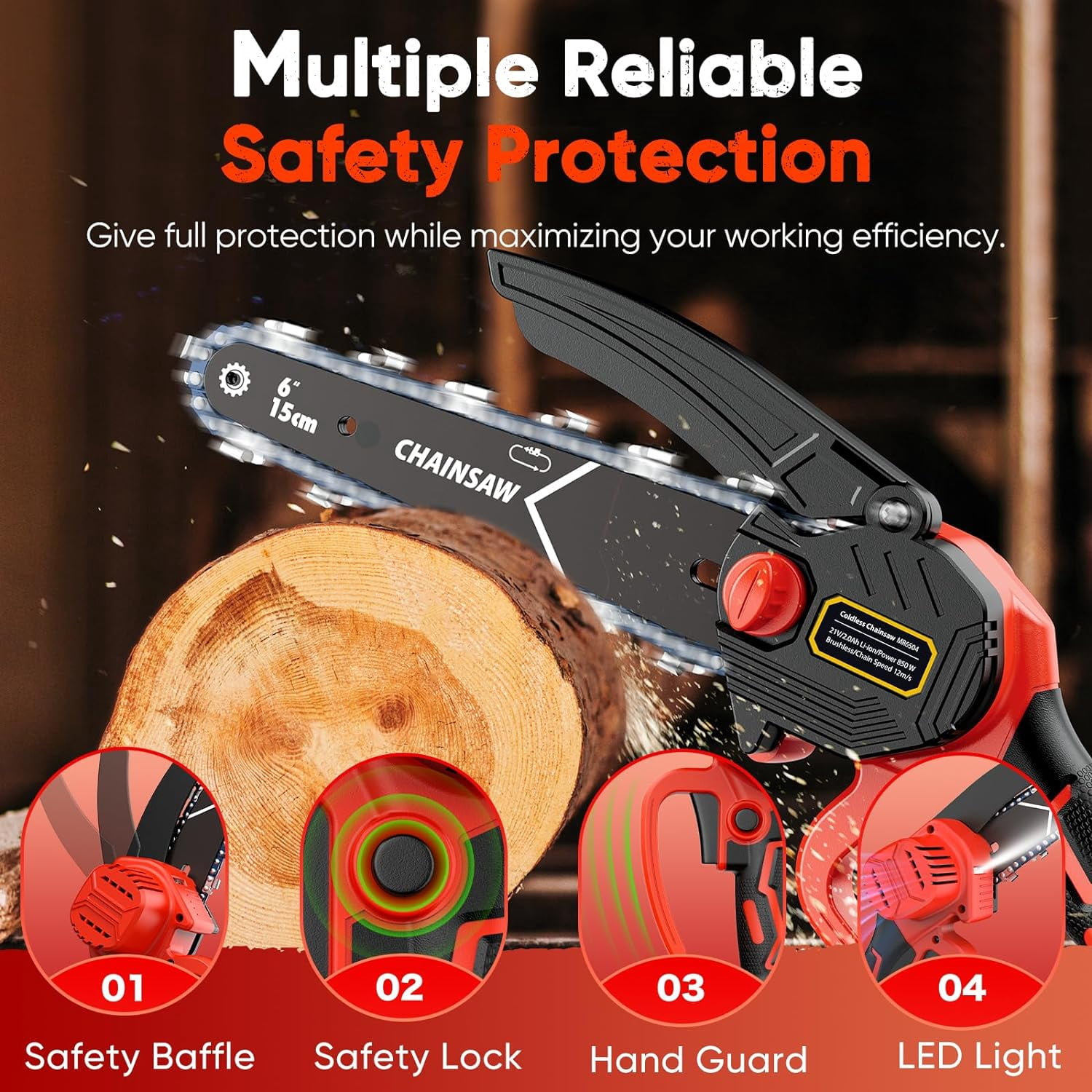 Fitfort Mini Chainsaw, 6 inch Cordless Handheld Chain Saw, 2-Pack with 2000mAh Batteries, Portable for Gardening, Camping, Tree Pruning