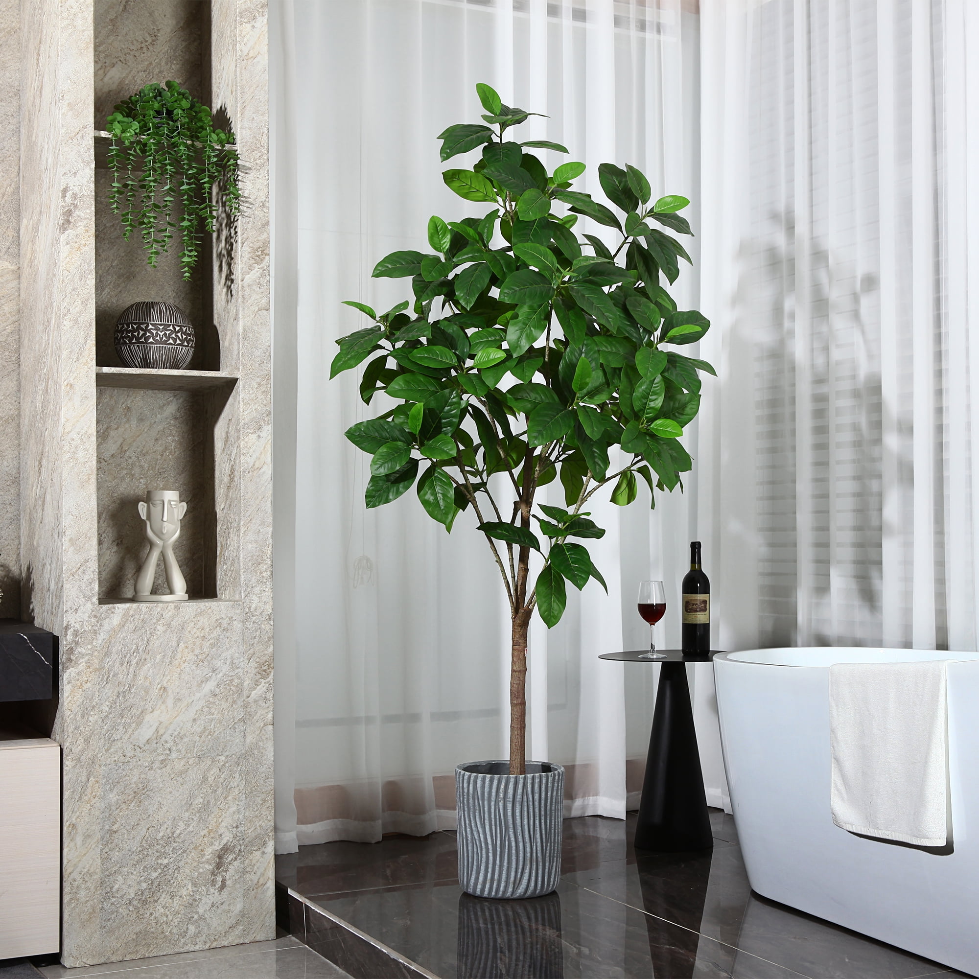 Artificial Plants, 6 Ft Ficus Tree Faux Rubber Plants Indoor Outdoor