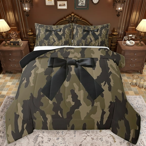 Manfei Fashion Black Bowknot Bedding Comforter Set, Western Retro Camouflage Twin Comforter Sets, Cartoon Bow-tie Reversible Bedding Set, Microfiber Bedroom Decor, 2-Piece
