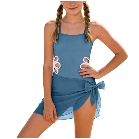 BOBOGOJP Big Girls Hollow Out One-Piece Swimsuit with Cover-Up Bathing Suit Swimwear Light Blue for Size 8-9 Years