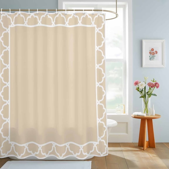 Beige Shower Curtain, Geometric Morocco Printed Border Modern Rustic Ivory Waterproof Washable Shower Curtain for Bathroom Bathtub Partition Bath Decoration Set with Hooks 72x84in