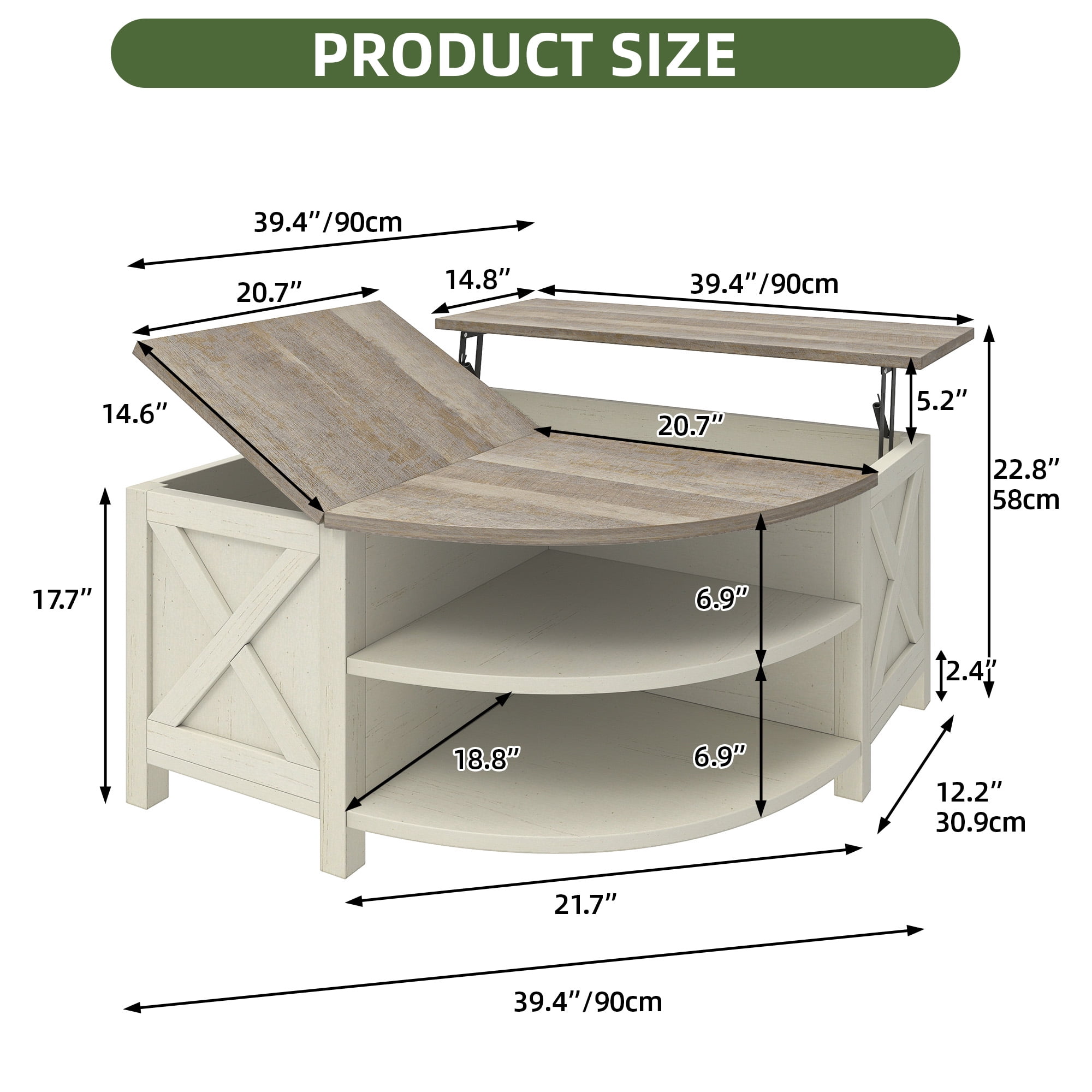Uforic Farmhouse Lift Top Coffee Table with Storage & Power Outlets, Off-White