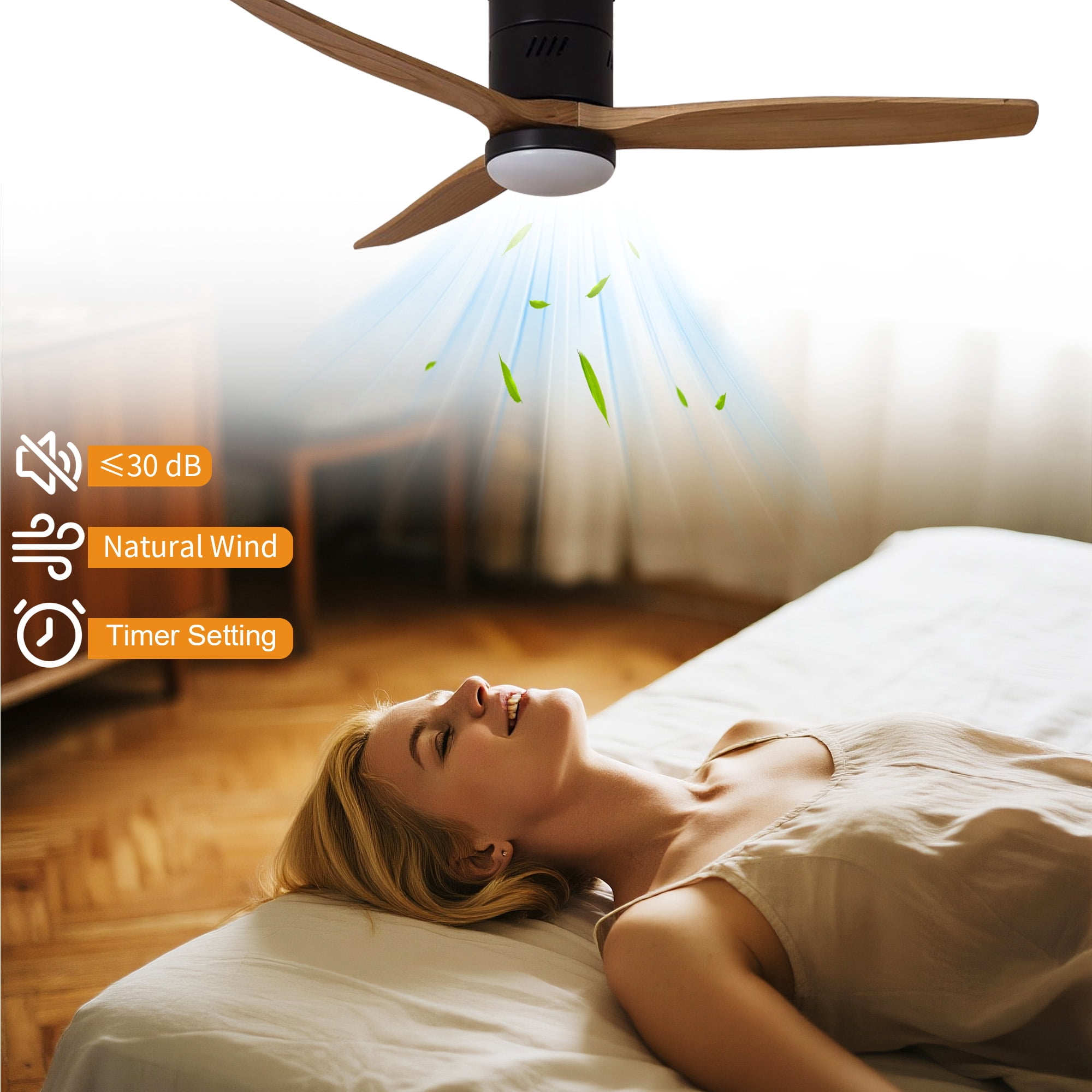 Taimei Ryme 52 in. Black Light Oak Flush Mount Ceiling Fan with Light and Remote, DC Motor, Reversible