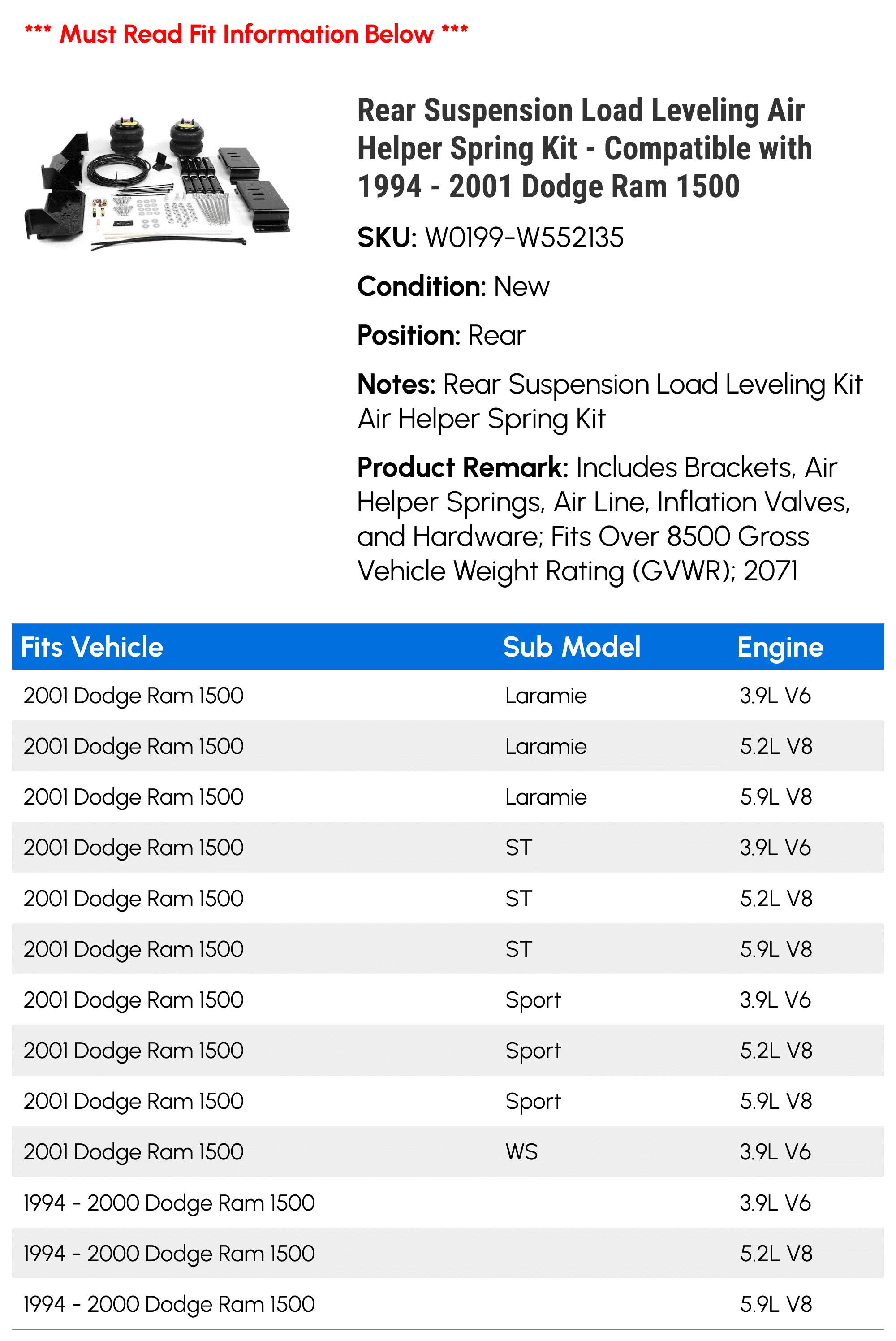 Rear Suspension Load Leveling Air Helper Spring Kit - Compatible with 1994 - 2001 Dodge Ram 1500 1995 1996 1997 1998 1999 2000