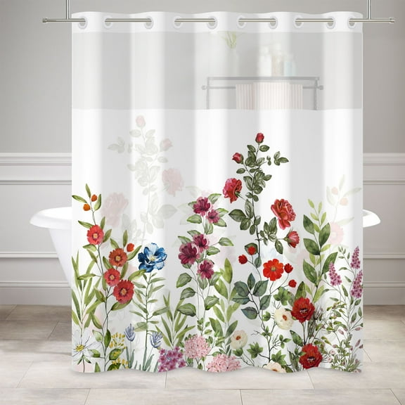 Mizhona Vintage Red Floral Hookless Shower Curtain with Snap in Liner，No Hooks Fabric Bath Curtain,71"× 74"