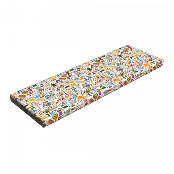 Construction Bench Pad, Construction Tools in Cartoon Style Engineering Fixing Repairing Building, HR Foam Cushion with Decorative Fabric Cover, 45" x 15" x 2", Multicolor, by Ambesonne