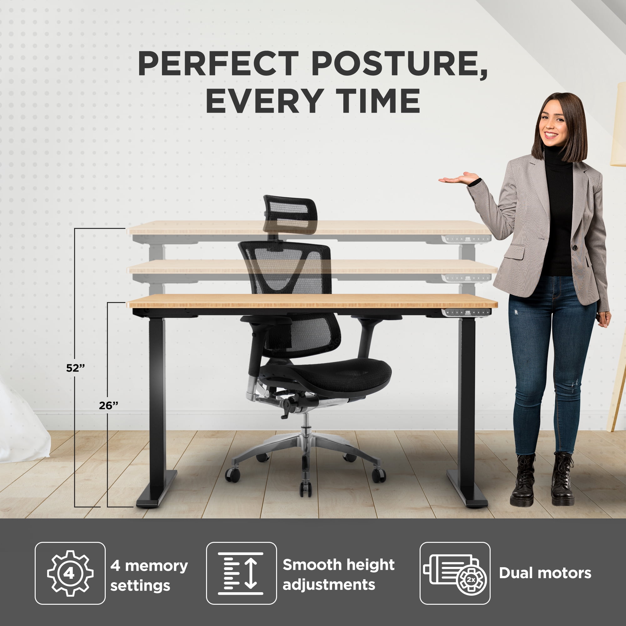 Rise Up 48x30” Bamboo  Solid Top Electric Standing Desk | One-Piece Memory Desktop Dual Motor Adjustable Height Desk 24–49” Ergonomic Sit Stand Workstation