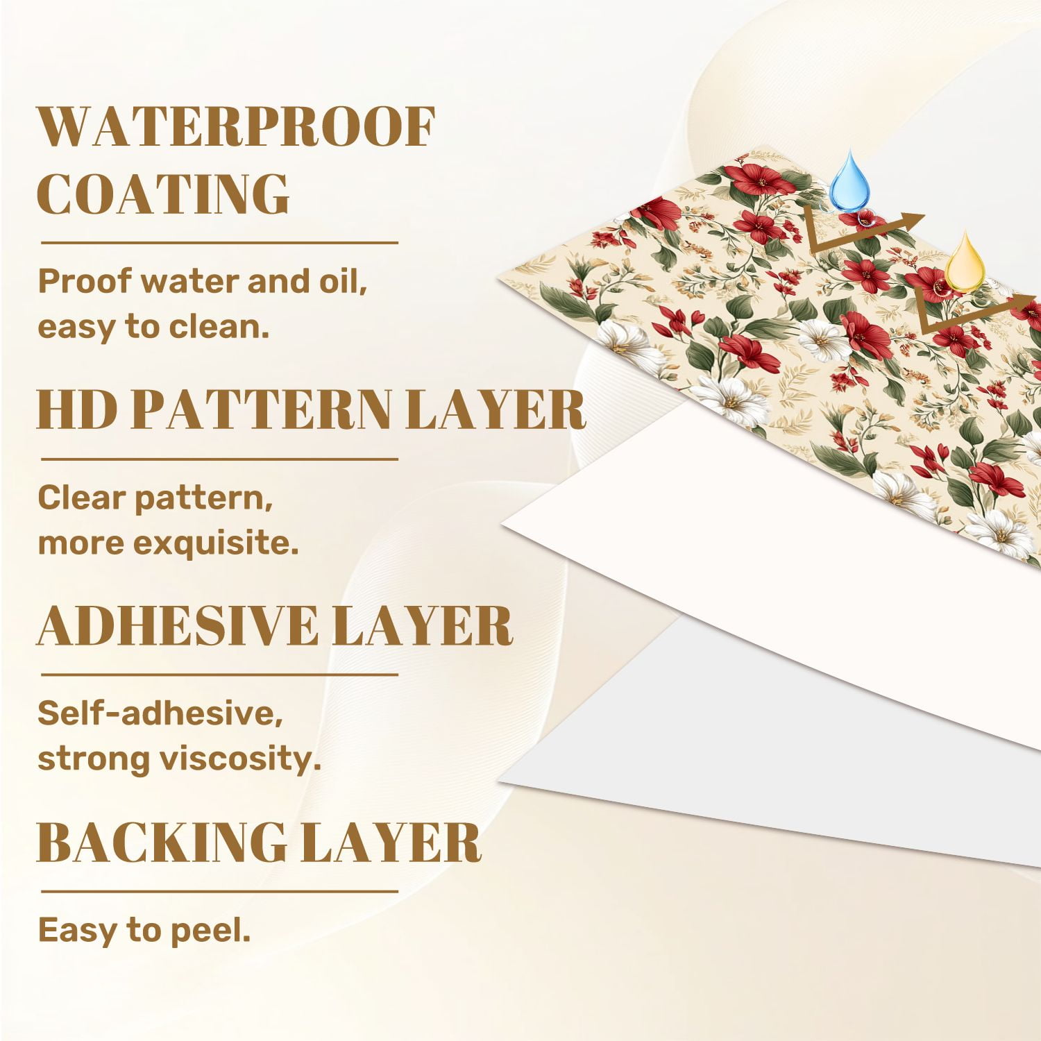 Flower Peel and Stick Wallpaper 17.7in x 9.8ft Elegant Floral Red White Flowers Soft Beige Contact Paper Vinyl Waterproof Self Adhesive Wall Paper for Bedroom Shelf Cabinet Renter Friendly