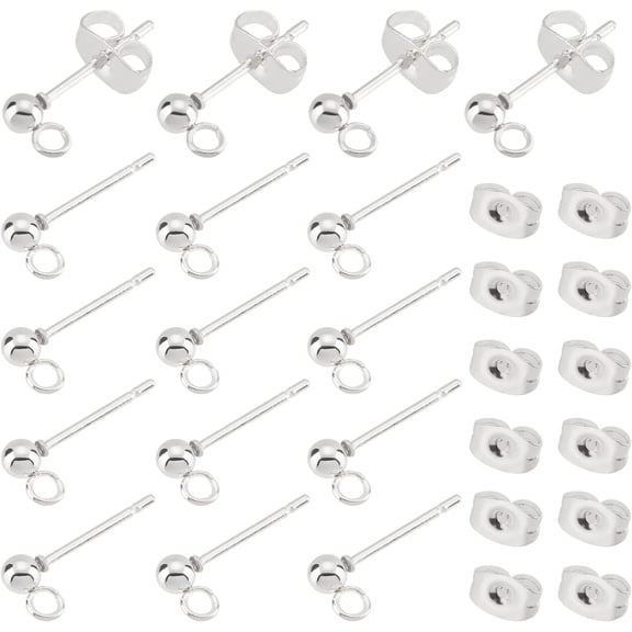 About 60pcs Silver Ball Stud Earrings Round Hypoallergenic Earring Post Stainless Steel Stud with Loop and Ear Nuts for Jewelry Earring Making15x5.5mm 1box