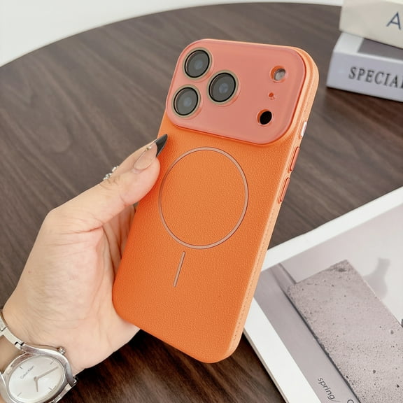 for iPhone 17 Pro Max Magnetic Case Compatible with Mag-Safe, with Camera Lens Protector, Lychee Texture Hybrid Durable Magnetic Phone Proctective Case Cover for iPhone 17 Pro Max, Orange