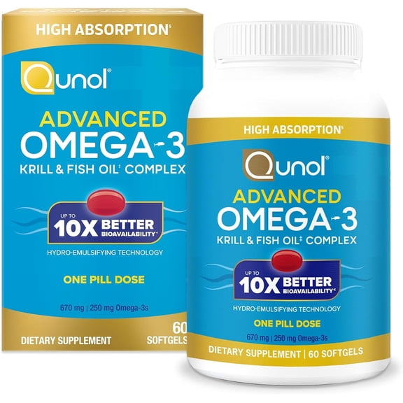Qunol Advanced Omega 3 Krill and Fish Oil Complex, 10x Better Bioavailability, One Pill Dose, 250mg EPA & DHA, 60 Count