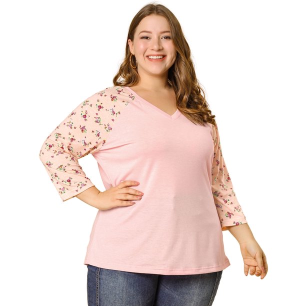 BluEstampado Floral Raglán De Man3/4 Cuello V TalGrande PaMujer RoXL