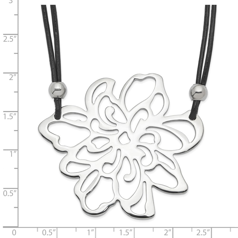 Stainless Steel Themed Necklace Chain Polished Flower w/Black Leather Cord 19.25 inch