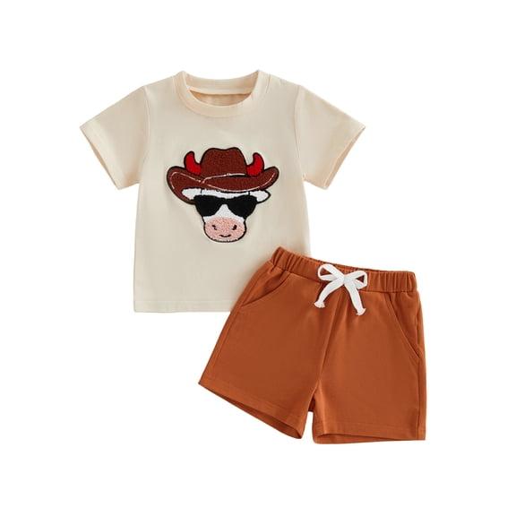 BemeyourBBs Western Cowboy Baby Boy Clothes Toddler Baby Boy Summer Outfit Cattle Embroidered Crew Neck Short Sleeve TShirt Tops and Shorts Set