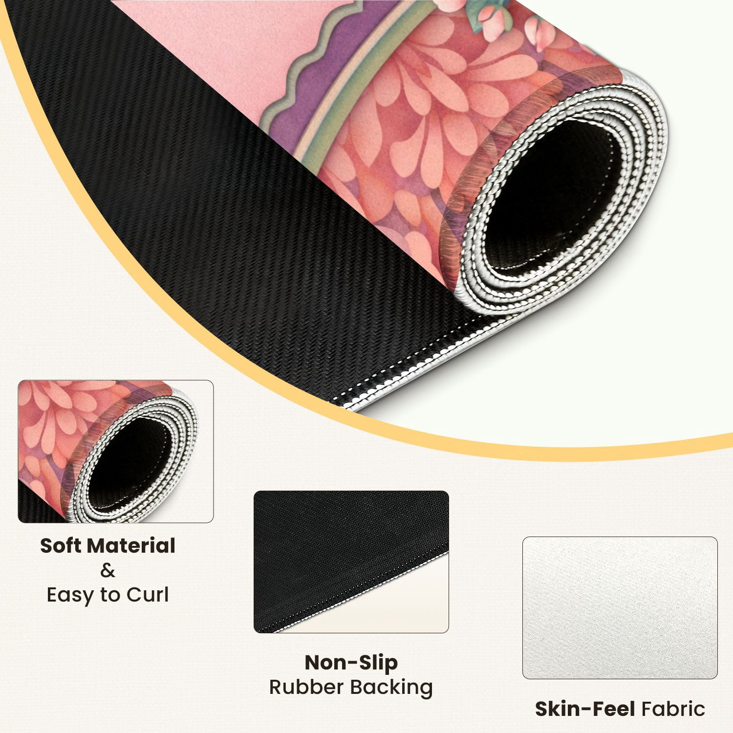 Mahjong Mat 31.5" x 31.5" Pink Floral Frame Layered Border Abstract Flower Non-Slip Noise Reduction Mahjong Tiles Table Cover for Dominoes Poker Card Board and Tile Games